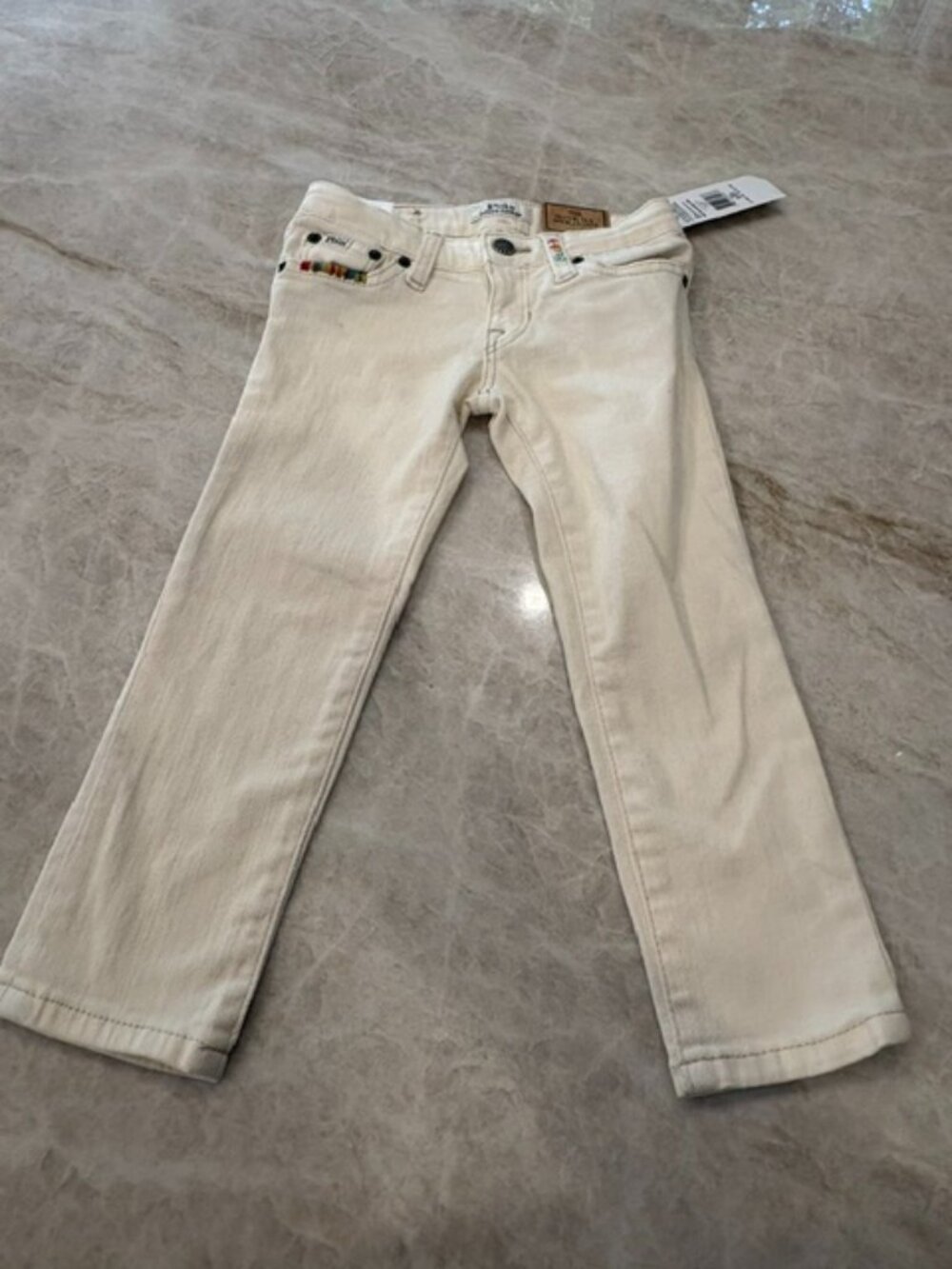 Polo Ralph Lauren The Waverly Straight Cream Jeans with Embroidery, Size 3/3T